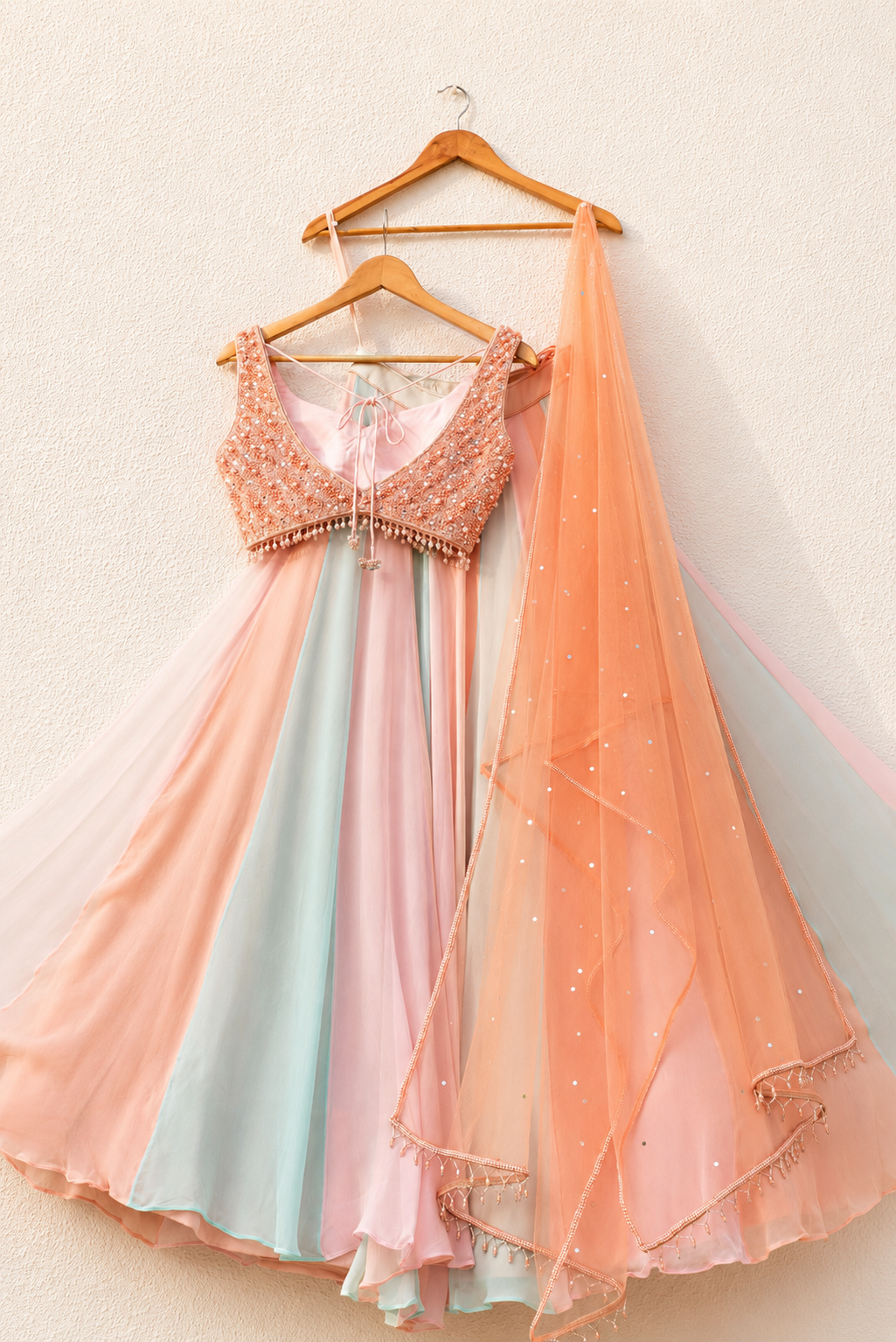 MULTICOLOUR LEHENGA WITH PEACH PEARL AND SEQUENCE BLOUSE SET
