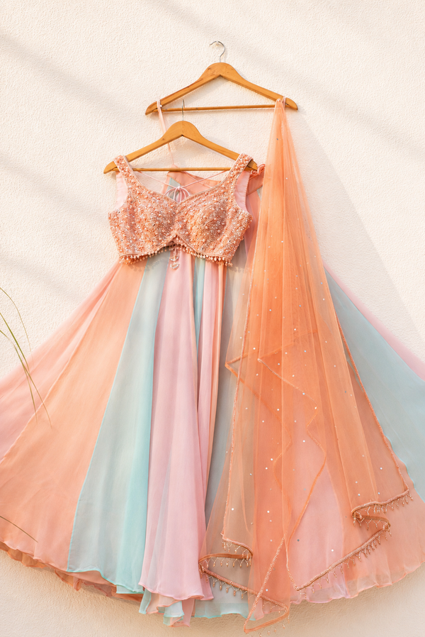 MULTICOLOUR LEHENGA WITH PEACH PEARL AND SEQUENCE BLOUSE SET