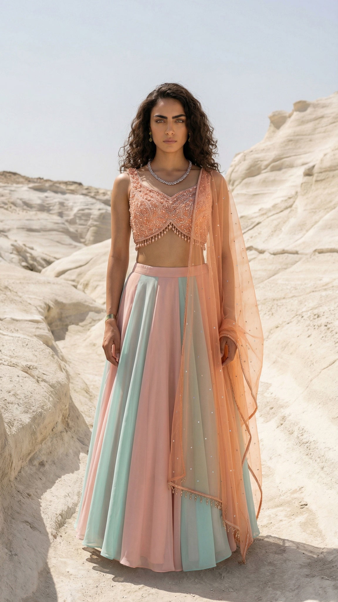MULTICOLOUR LEHENGA WITH PEACH PEARL AND SEQUENCE BLOUSE SET