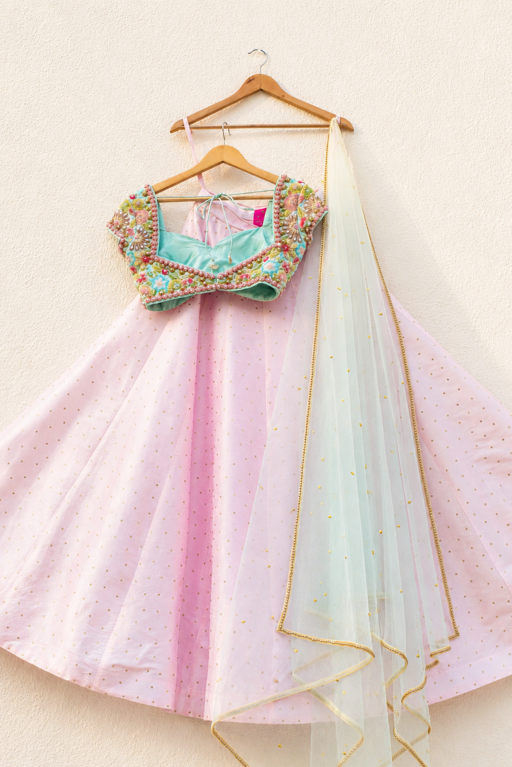 PINK STONEWORK LEHENGA WITH SKY BLUE EMBROIDERED BLOUSE WITH PINK DUPATTA