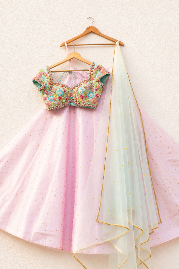 PINK STONEWORK LEHENGA WITH SKY BLUE EMBROIDERED BLOUSE WITH PINK DUPATTA