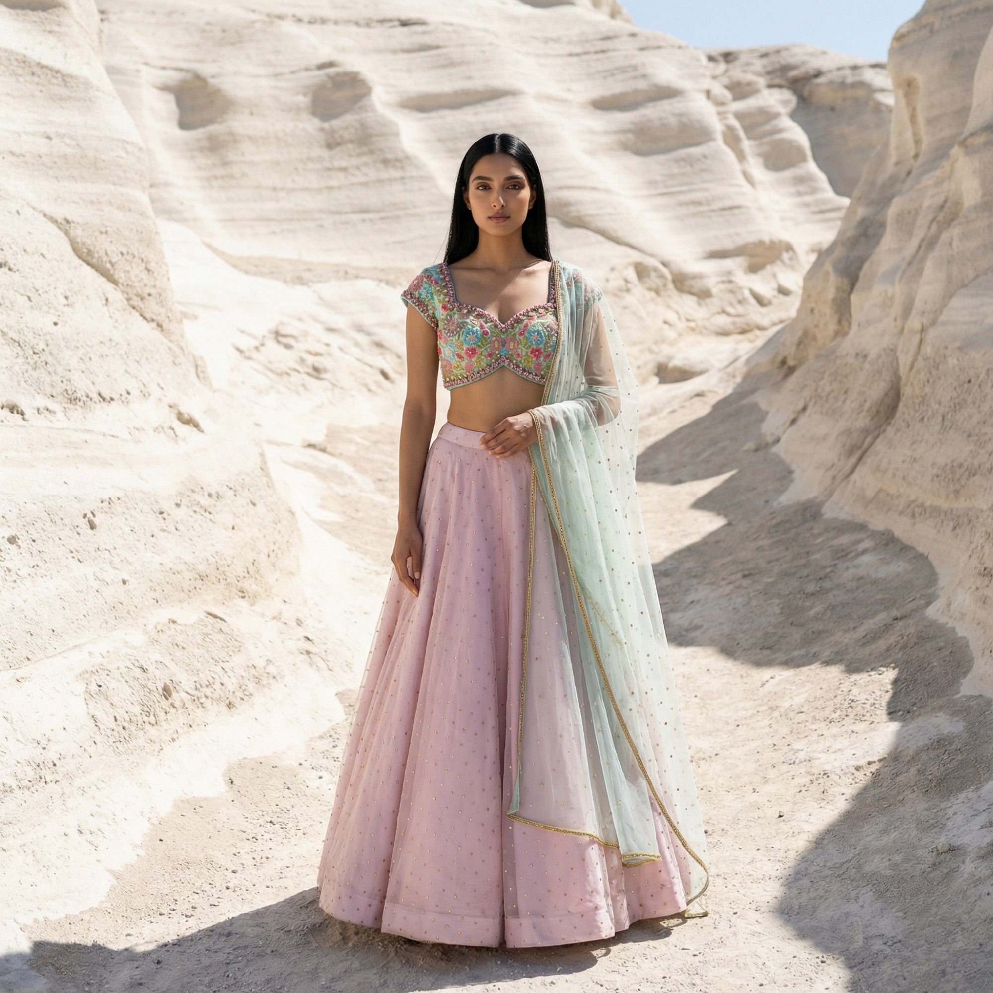 PINK STONEWORK LEHENGA WITH SKY BLUE EMBROIDERED BLOUSE WITH PINK DUPATTA