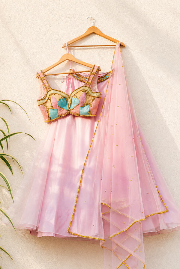PINK ORGANZA LEHENGA WITH MULTICOLOUR CUTDANA BLOUSE