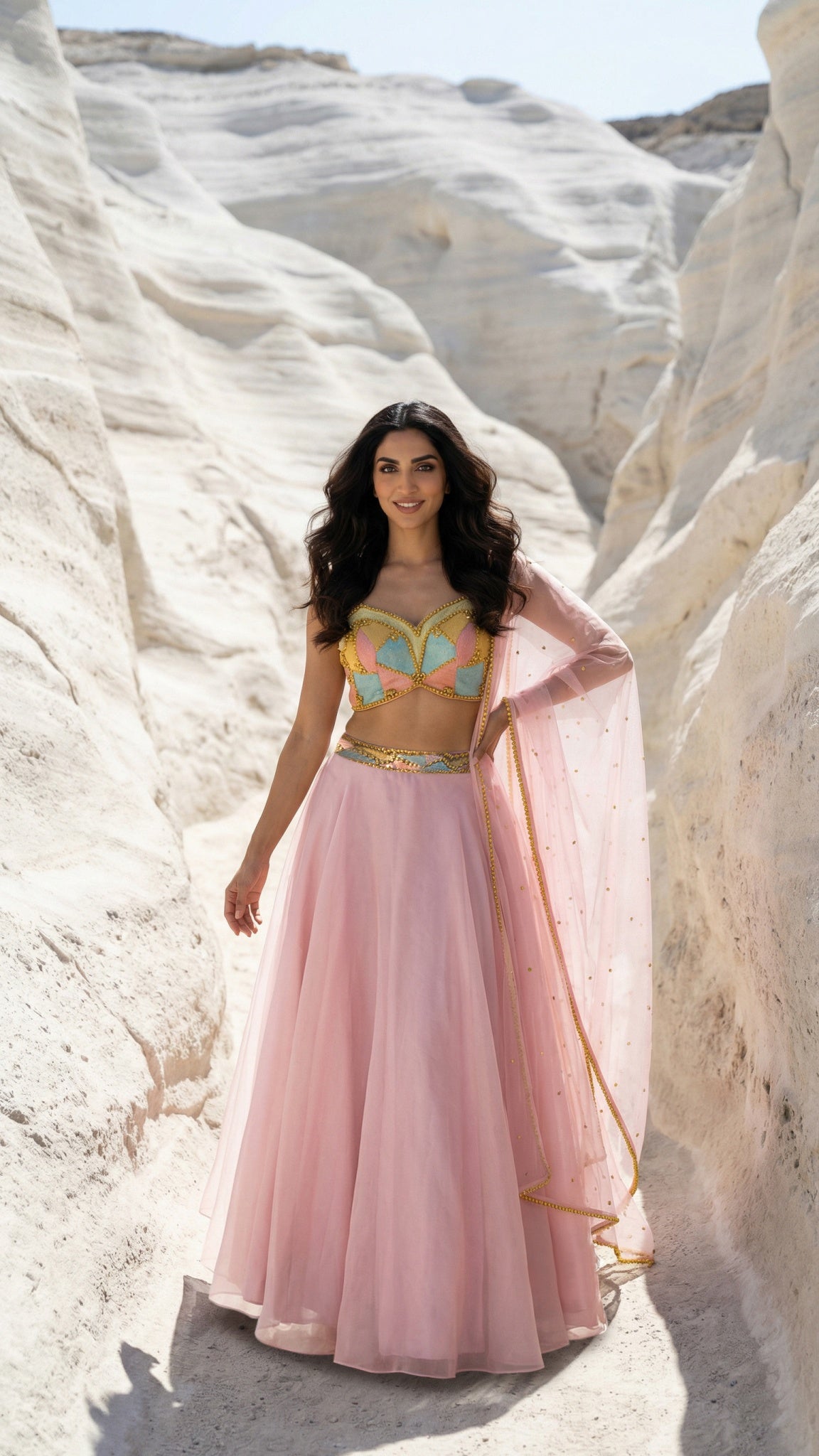 PINK ORGANZA LEHENGA WITH MULTICOLOUR CUTDANA BLOUSE