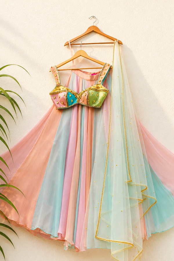 MULTICOLOUR LEHENGA WITH MULTICOLOUR CUTDANA BLOUSE SET