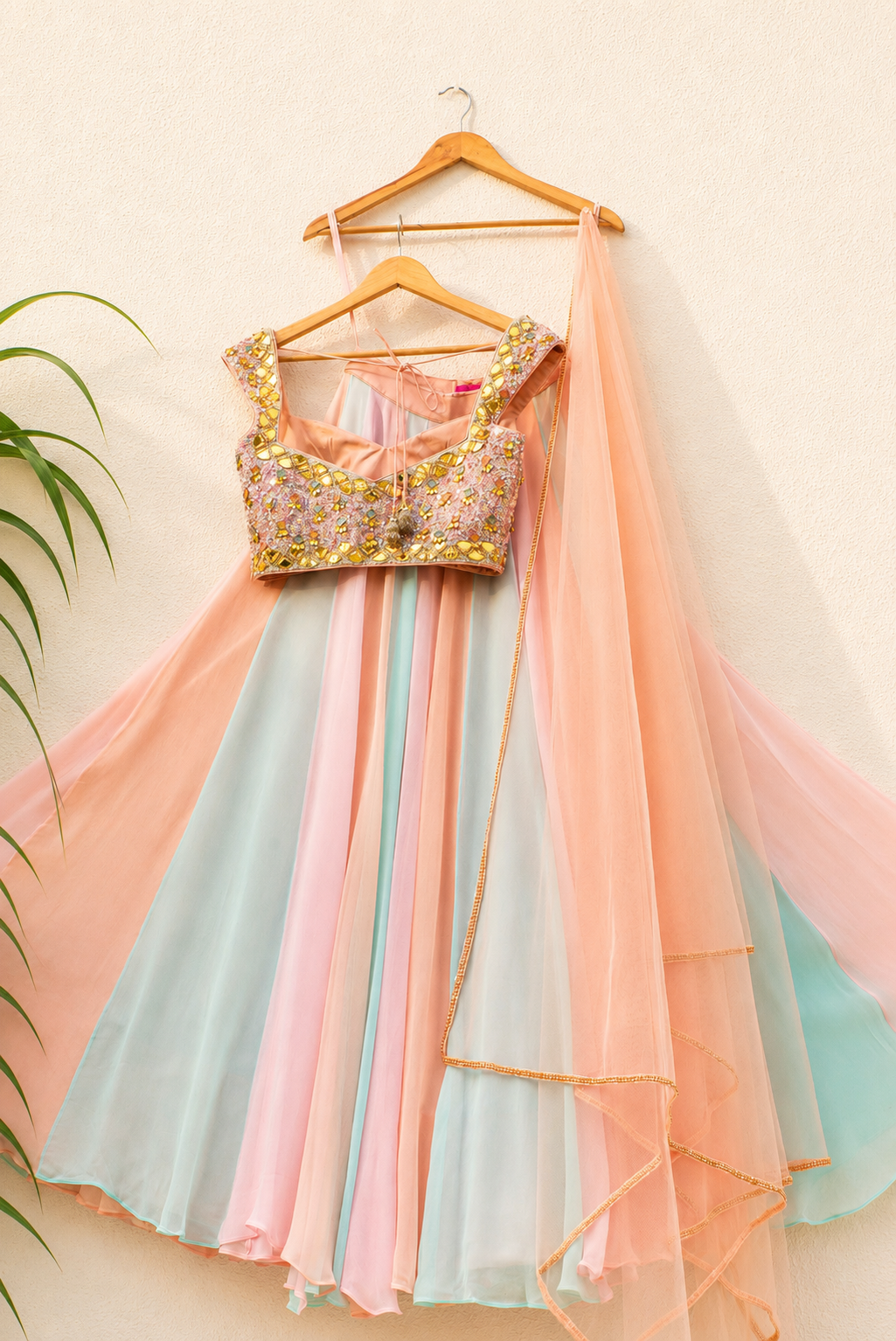 MULTICOLOUR LEHENGA WITH PEACH AND LILAC SEQUENCE BLOUSE SET