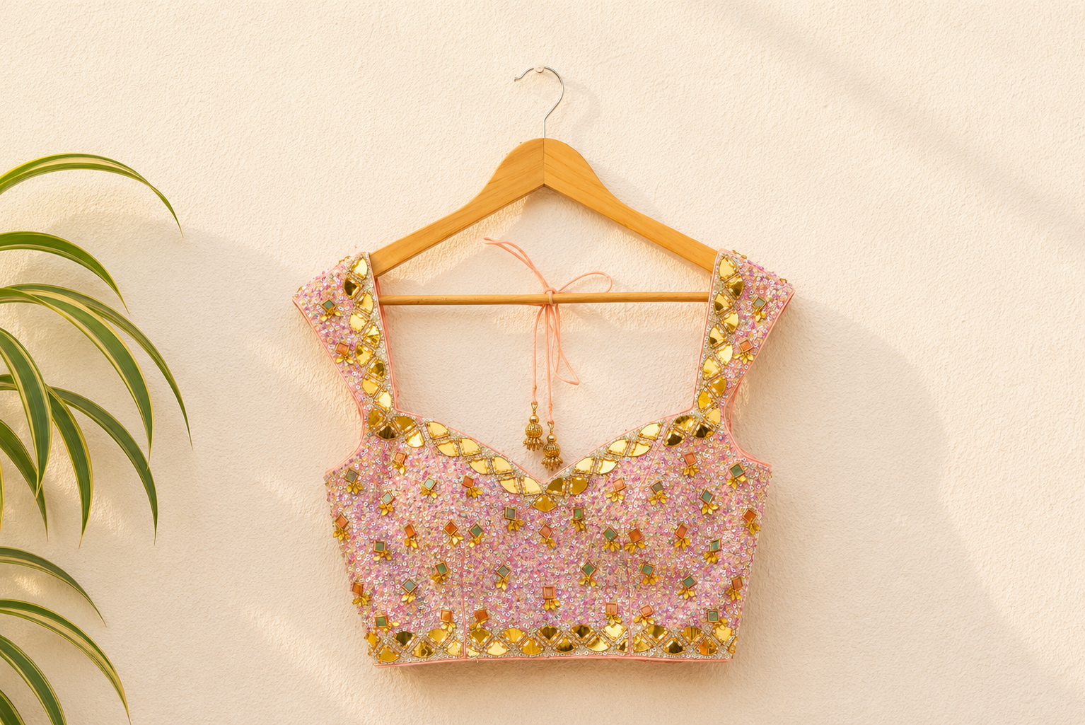 MULTICOLOUR LEHENGA WITH PEACH AND LILAC SEQUENCE BLOUSE SET