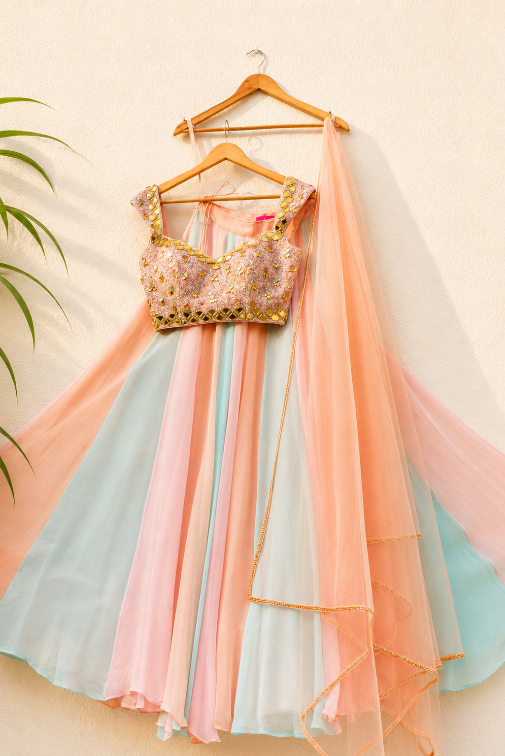MULTICOLOUR LEHENGA WITH PEACH AND LILAC SEQUENCE BLOUSE SET