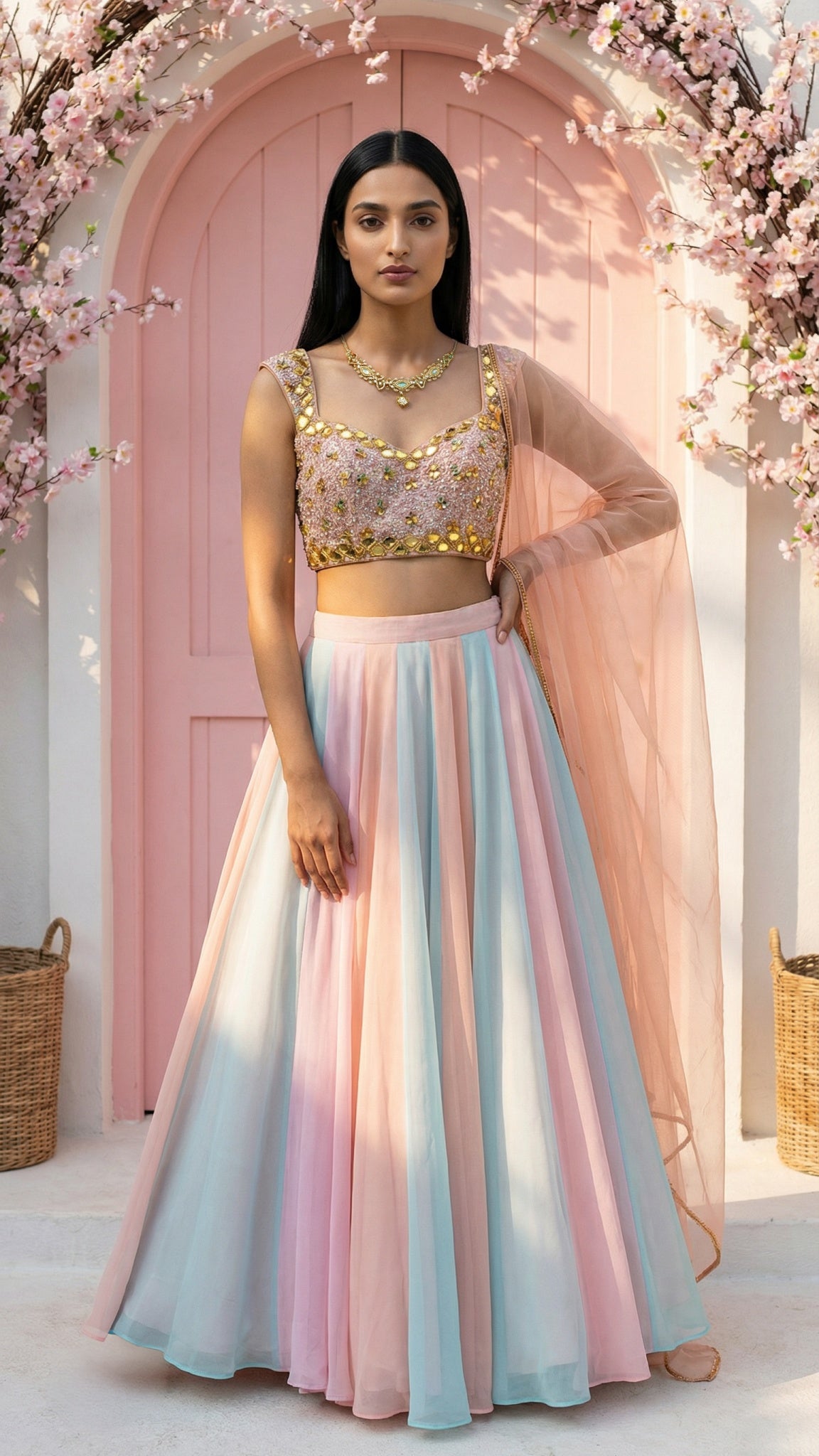 MULTICOLOUR LEHENGA WITH PEACH AND LILAC SEQUENCE BLOUSE SET