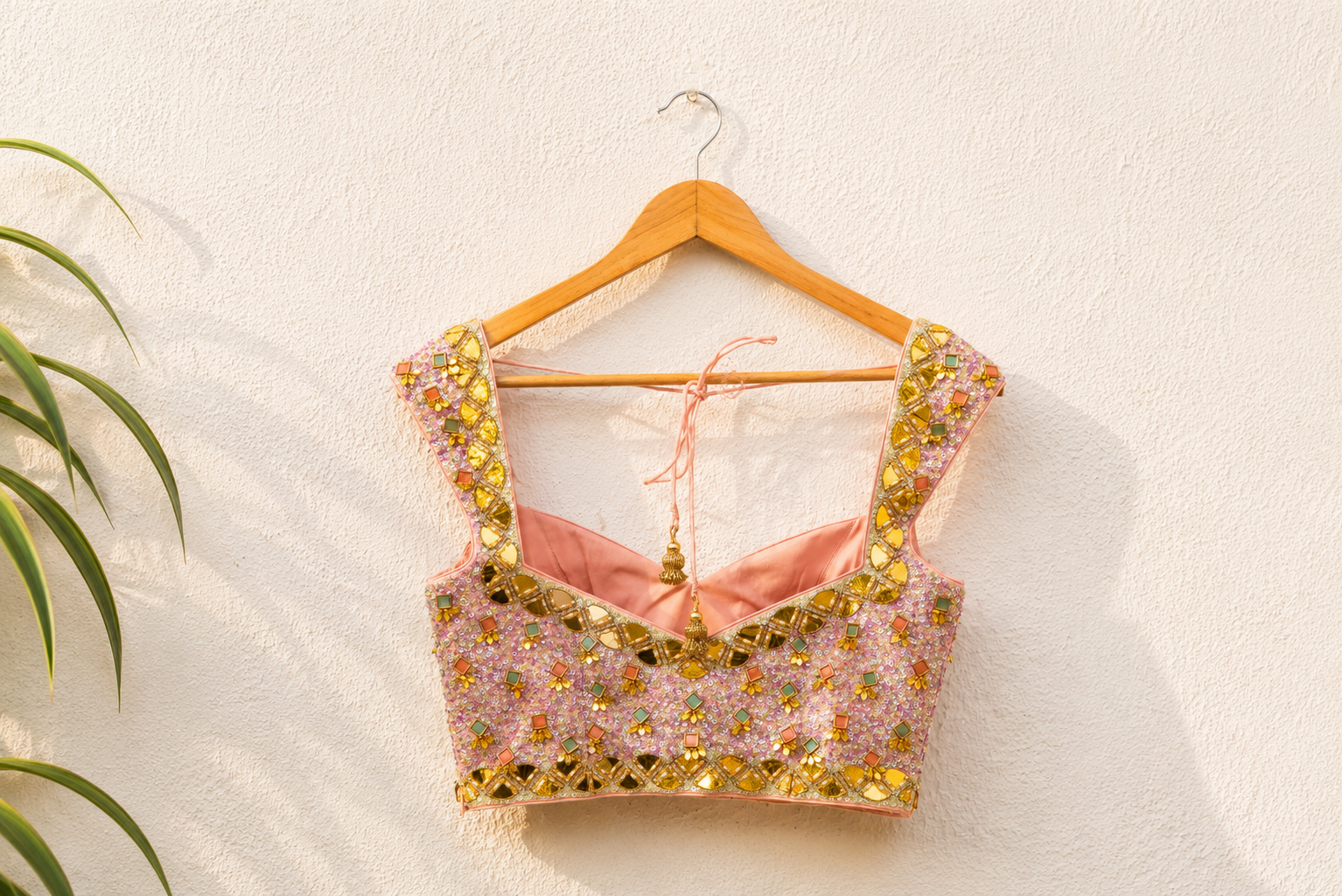 PEACH AND LAVENDER SEQUENCE BLOUSE WITH PEACH PALLAZO