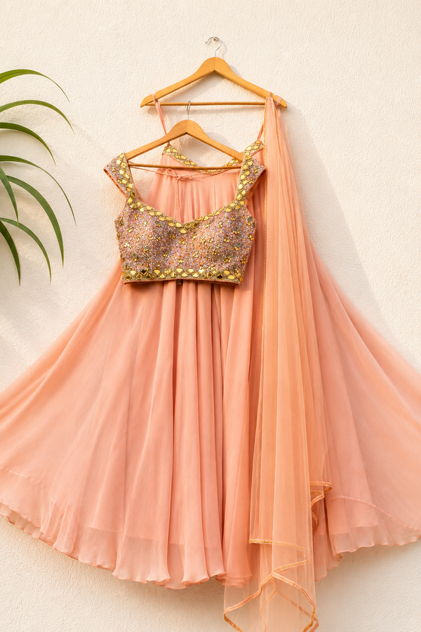 PEACH AND LAVENDER SEQUENCE BLOUSE WITH PEACH PALLAZO