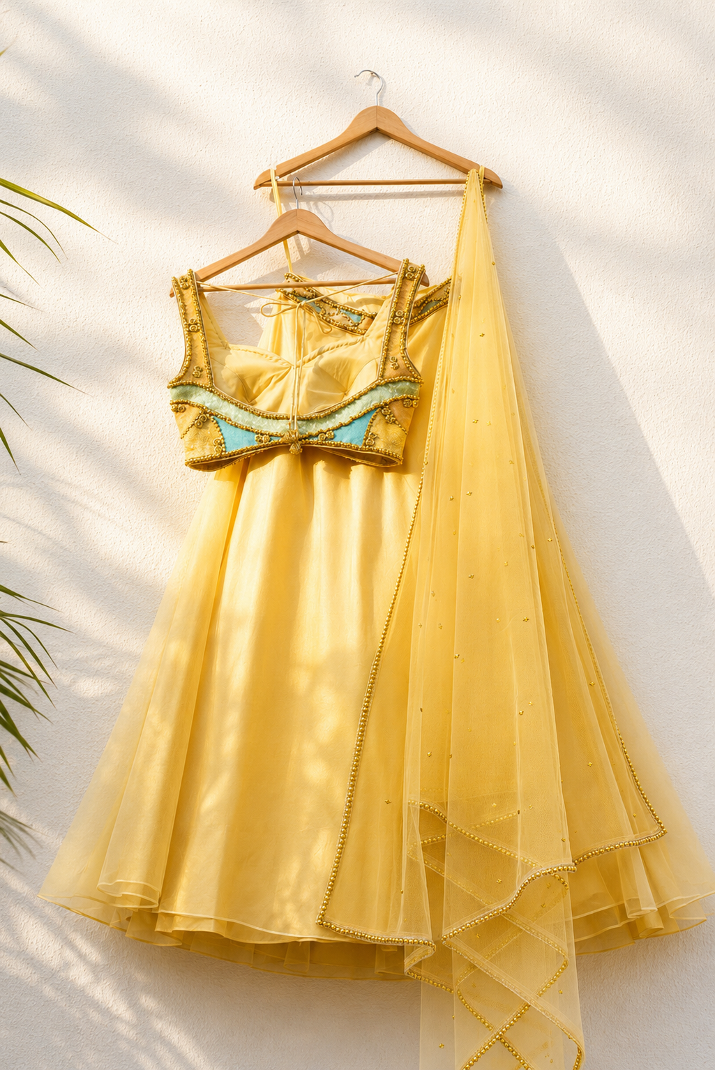 HONEY YELLOW ORGANZA LEHENGA WITH MULTICOLOUR CUTDANA BLOUSE