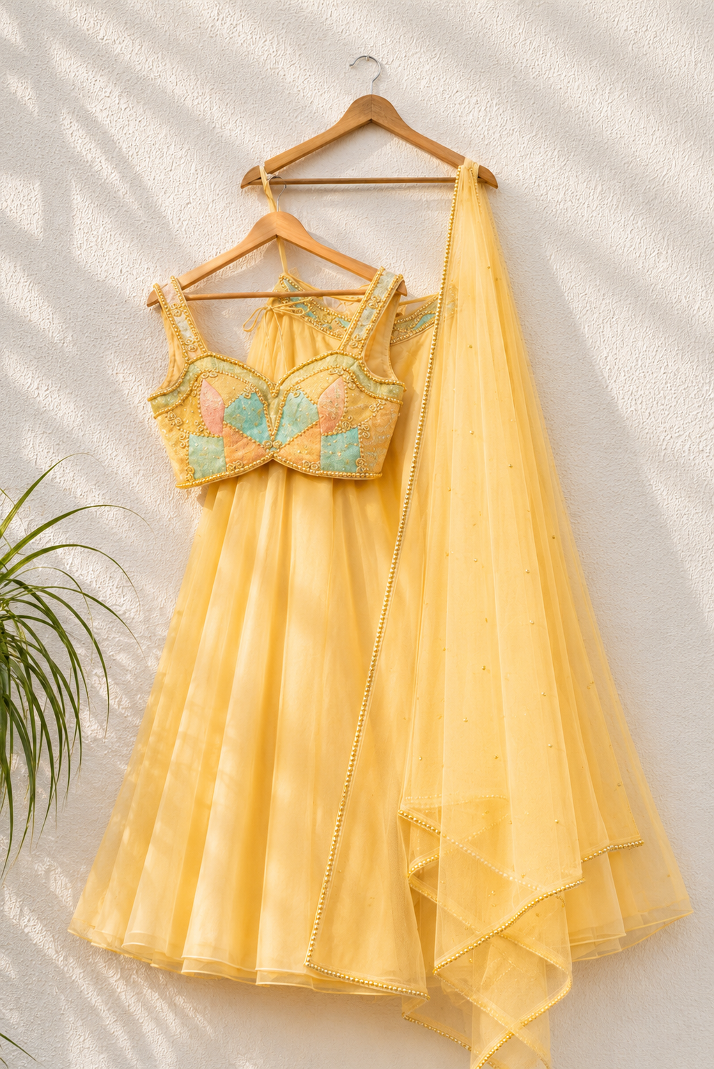 HONEY YELLOW ORGANZA LEHENGA WITH MULTICOLOUR CUTDANA BLOUSE