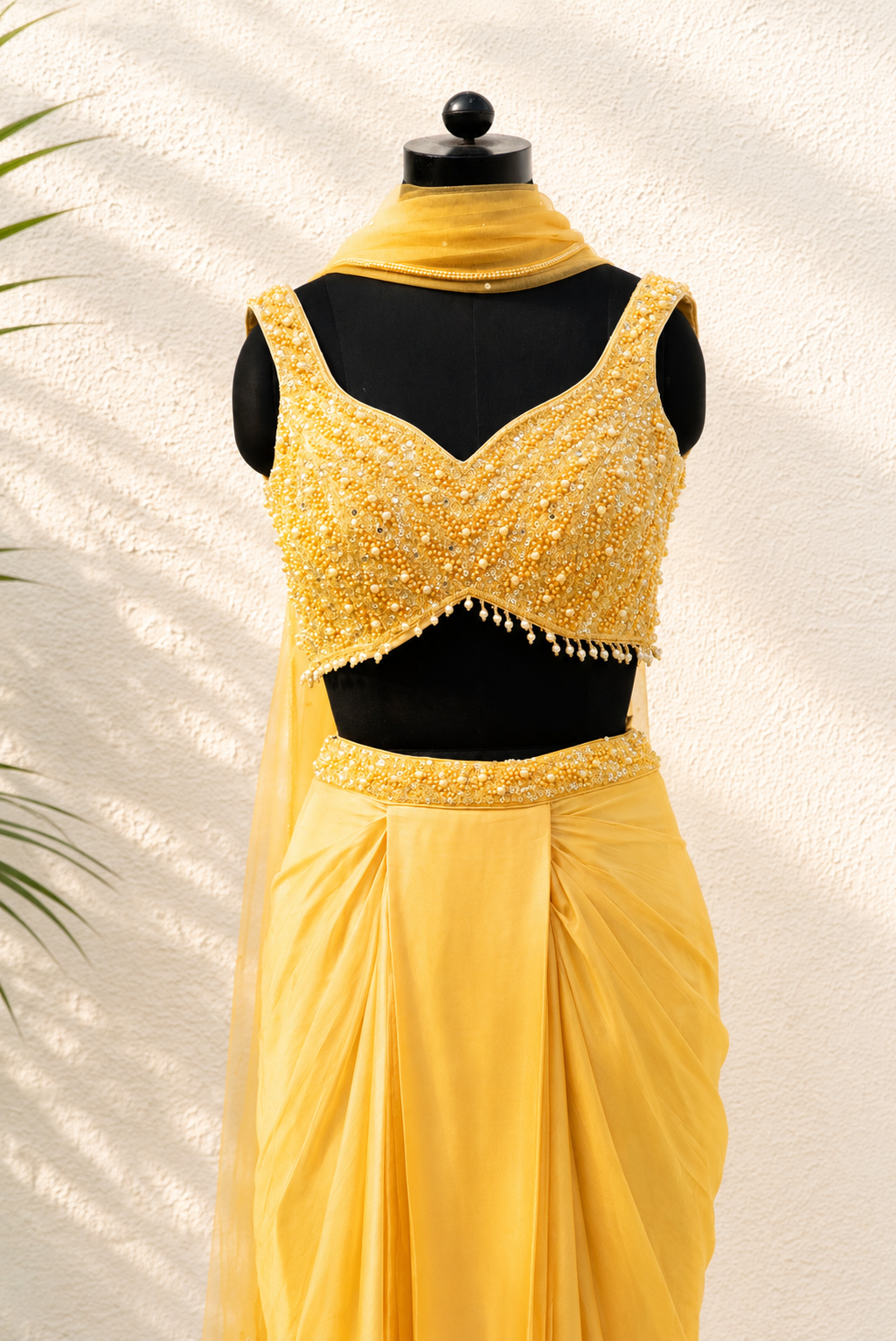 HONEY YELLOW SEQUIN AND PEARL BLOUSE WITH PLEATED SKIRT AND DUPATTA