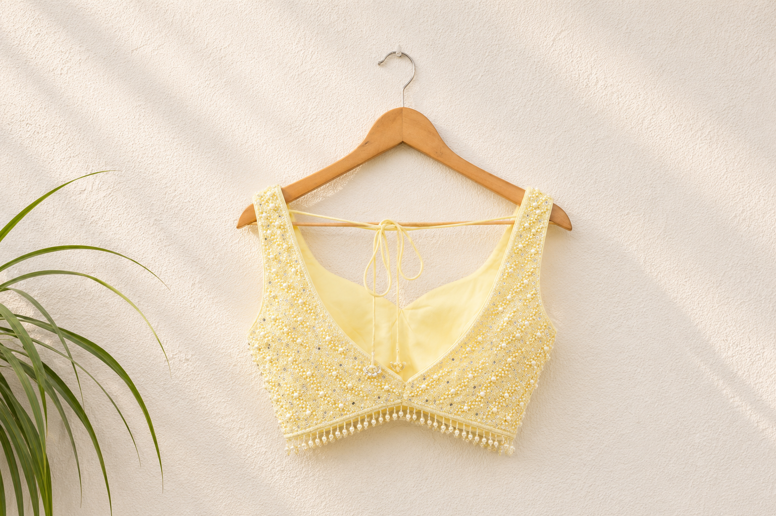BUTTER YELLOW SEQUIN AND PEARL BLOUSE WITH PLEATED SKIRT AND DUPATTA