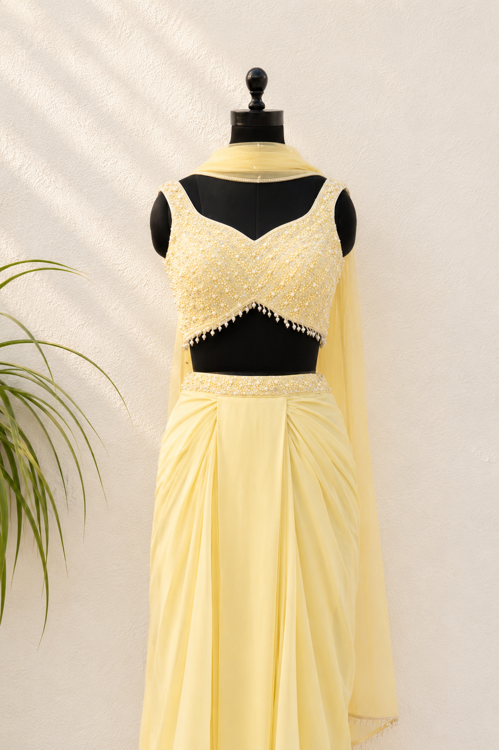 BUTTER YELLOW SEQUIN AND PEARL BLOUSE WITH PLEATED SKIRT AND DUPATTA