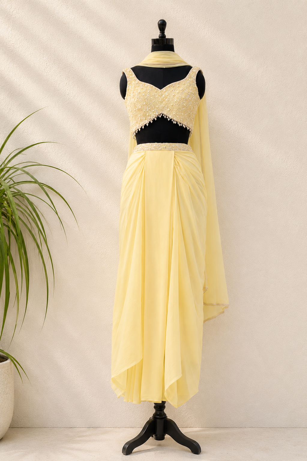BUTTER YELLOW SEQUIN AND PEARL BLOUSE WITH PLEATED SKIRT AND DUPATTA