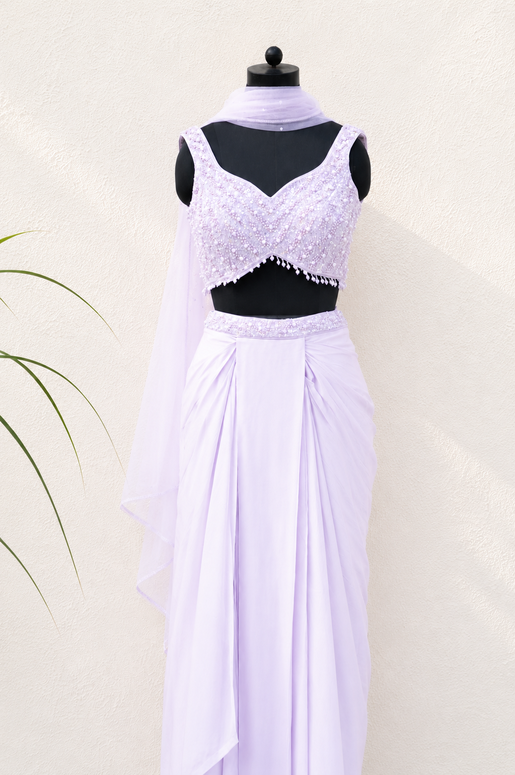 LILAC SEQUIN AND PEARL BLOUSE WITH PLEATED SKIRT AND DUPATTA