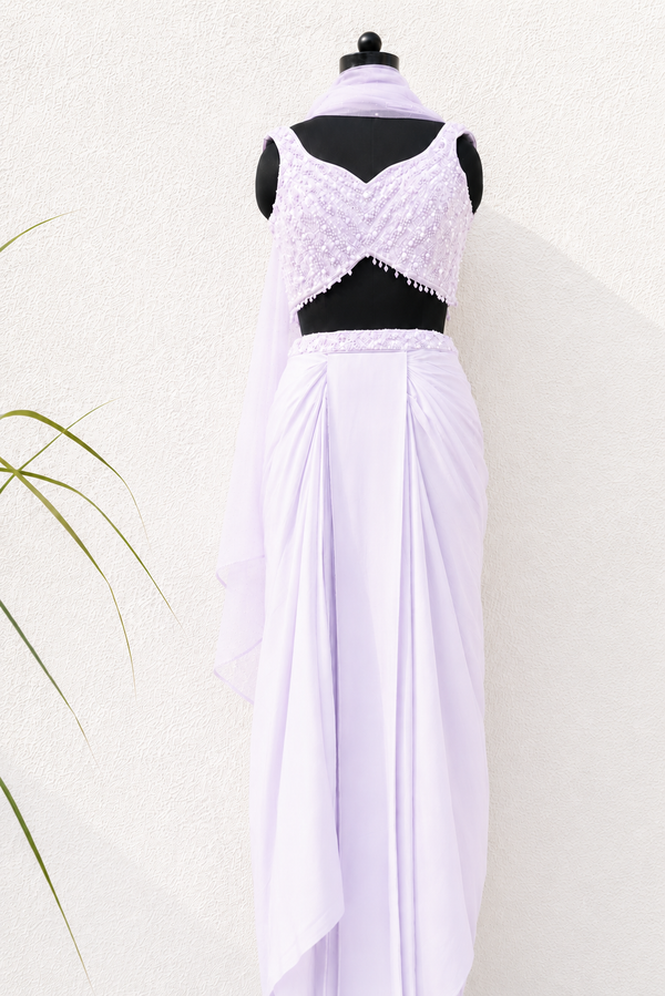 LILAC SEQUIN AND PEARL BLOUSE WITH PLEATED SKIRT AND DUPATTA