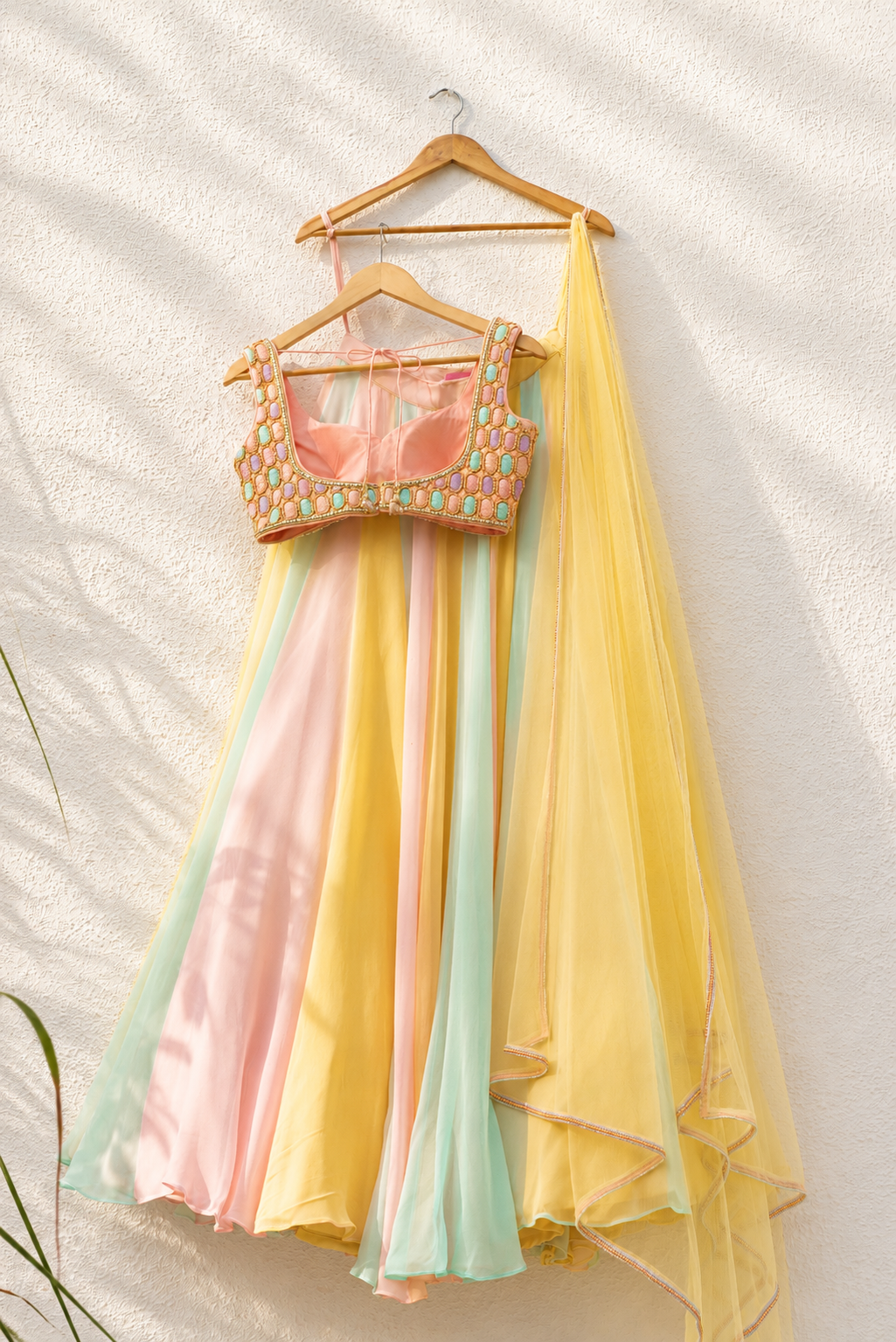 PEACH OVAL MULTICOLOUR CUTDANA BLOUSE WITH MULTICOLOUR LEHENGA SET