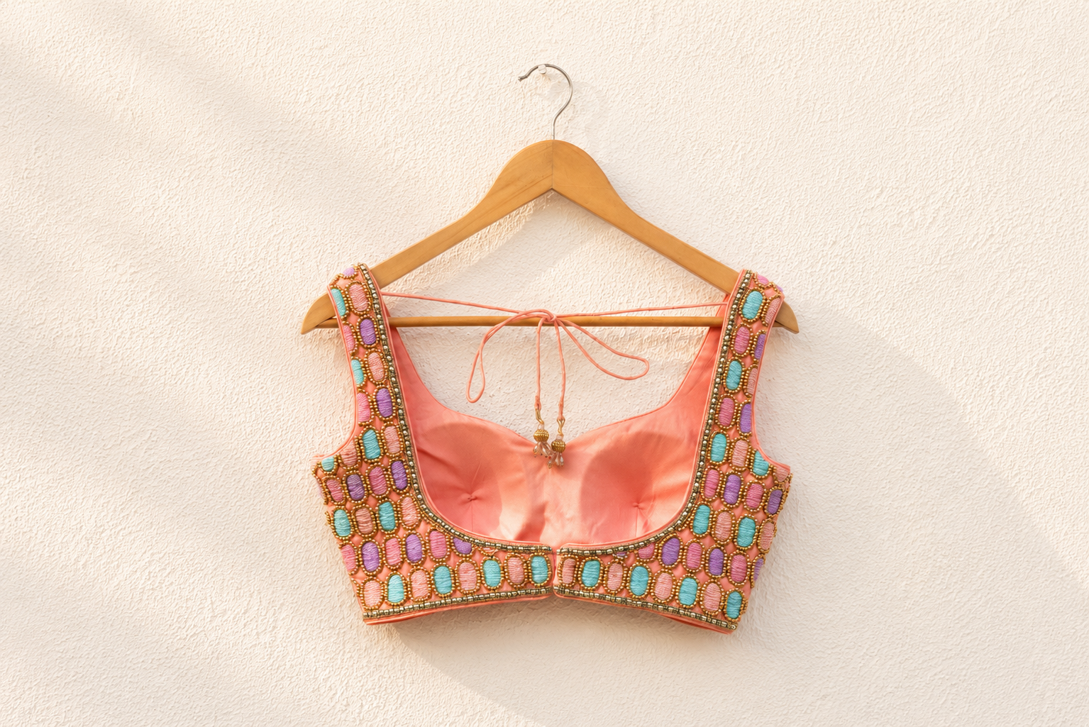 PEACH OVAL MULTICOLOUR CUTDANA BLOUSE WITH MULTICOLOUR LEHENGA SET