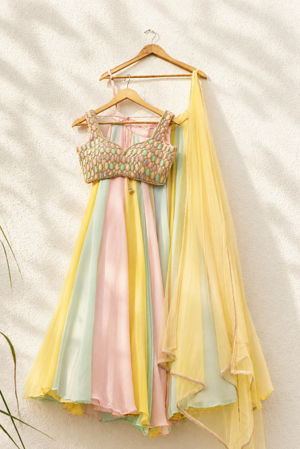 PEACH OVAL MULTICOLOUR CUTDANA BLOUSE WITH MULTICOLOUR LEHENGA SET