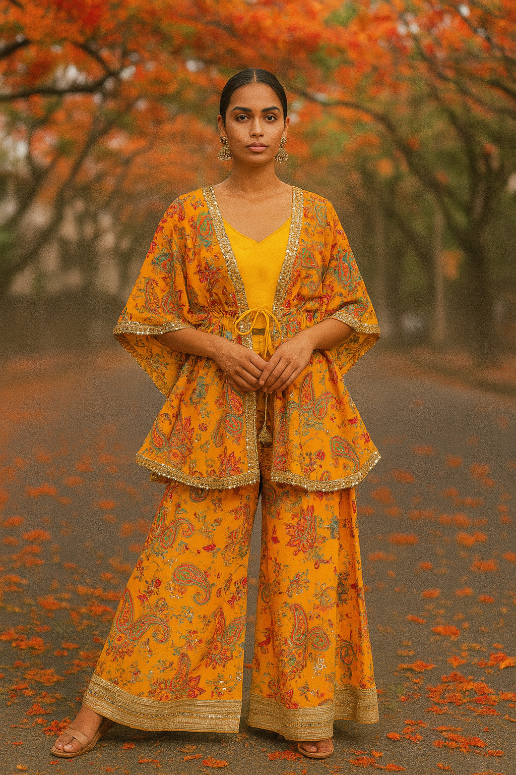 YELLOW BLOOM PRINTED CAPE  SET