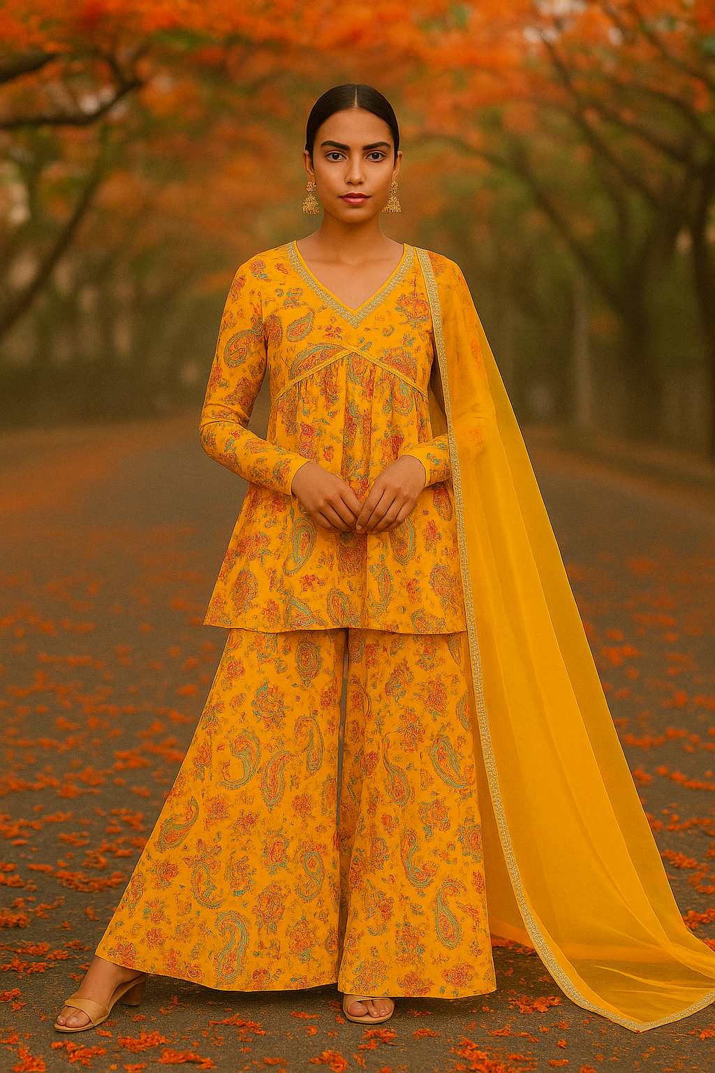 YELLOW BLOOM PRINTED KURTA SHARARA  SET