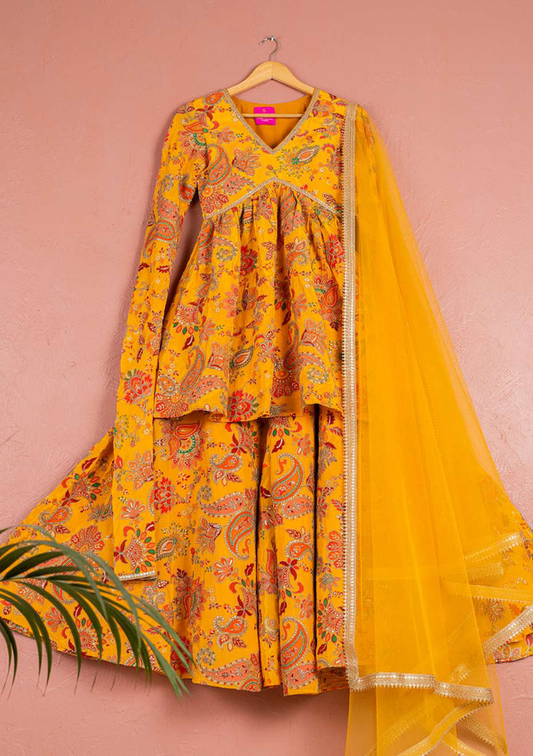 YELLOW BLOOM PRINTED KURTA SHARARA  SET