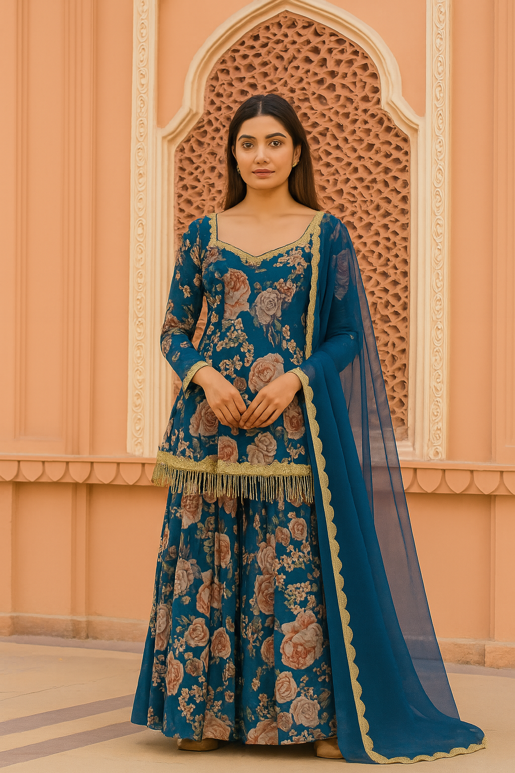 BAHAMA BLUE FLORAL SHARARA WITH KURTA SET