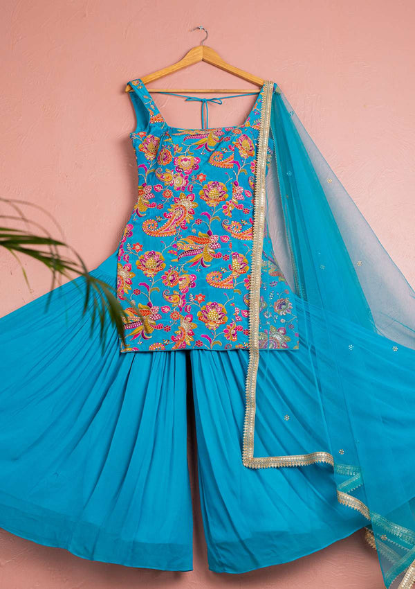 CERULEAN BLUE FLORAL BLOOM SHARARA SET