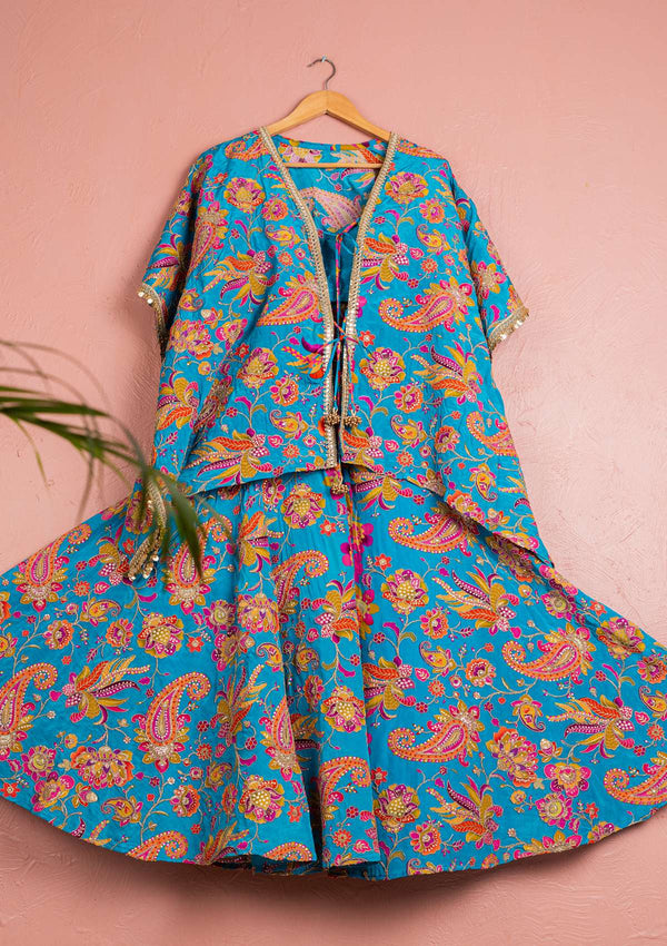 CERULEAN BLUE FLORAL BLOOM CAPE PALLAZO SET