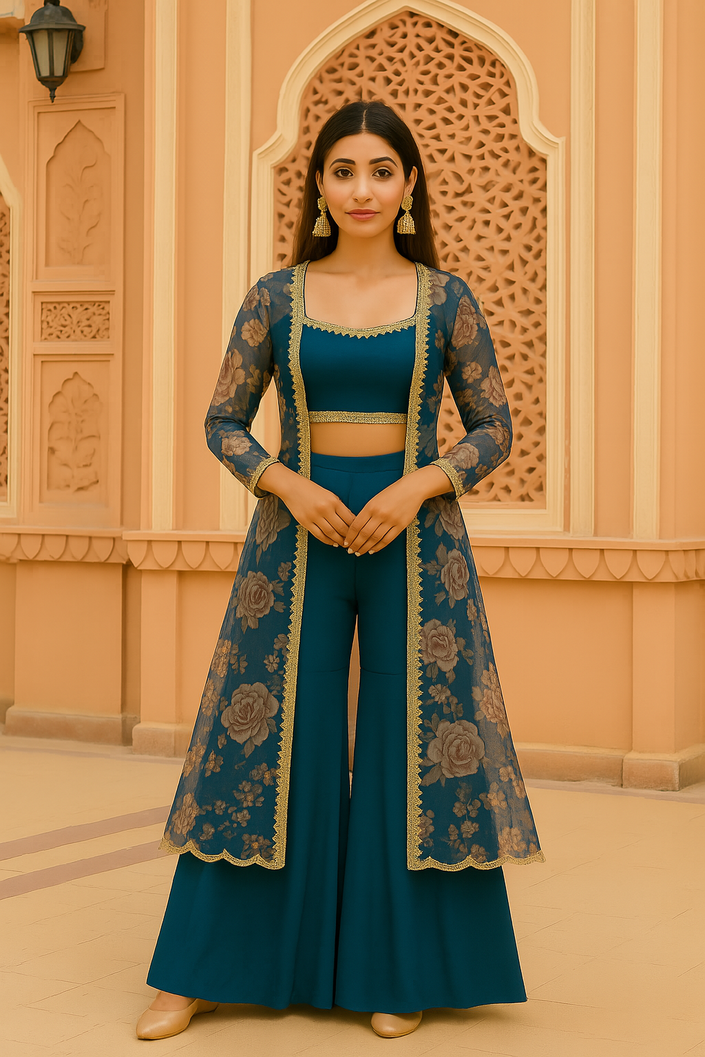 BAHAMA BLUE SHARARA WITH BLOUSE & FLORAL ORGANZA JACKET SET