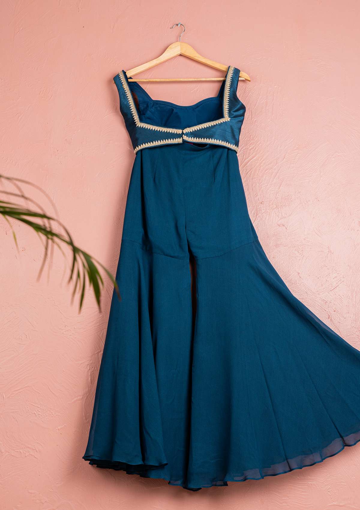 BAHAMA BLUE SHARARA WITH BLOUSE & FLORAL ORGANZA JACKET SET