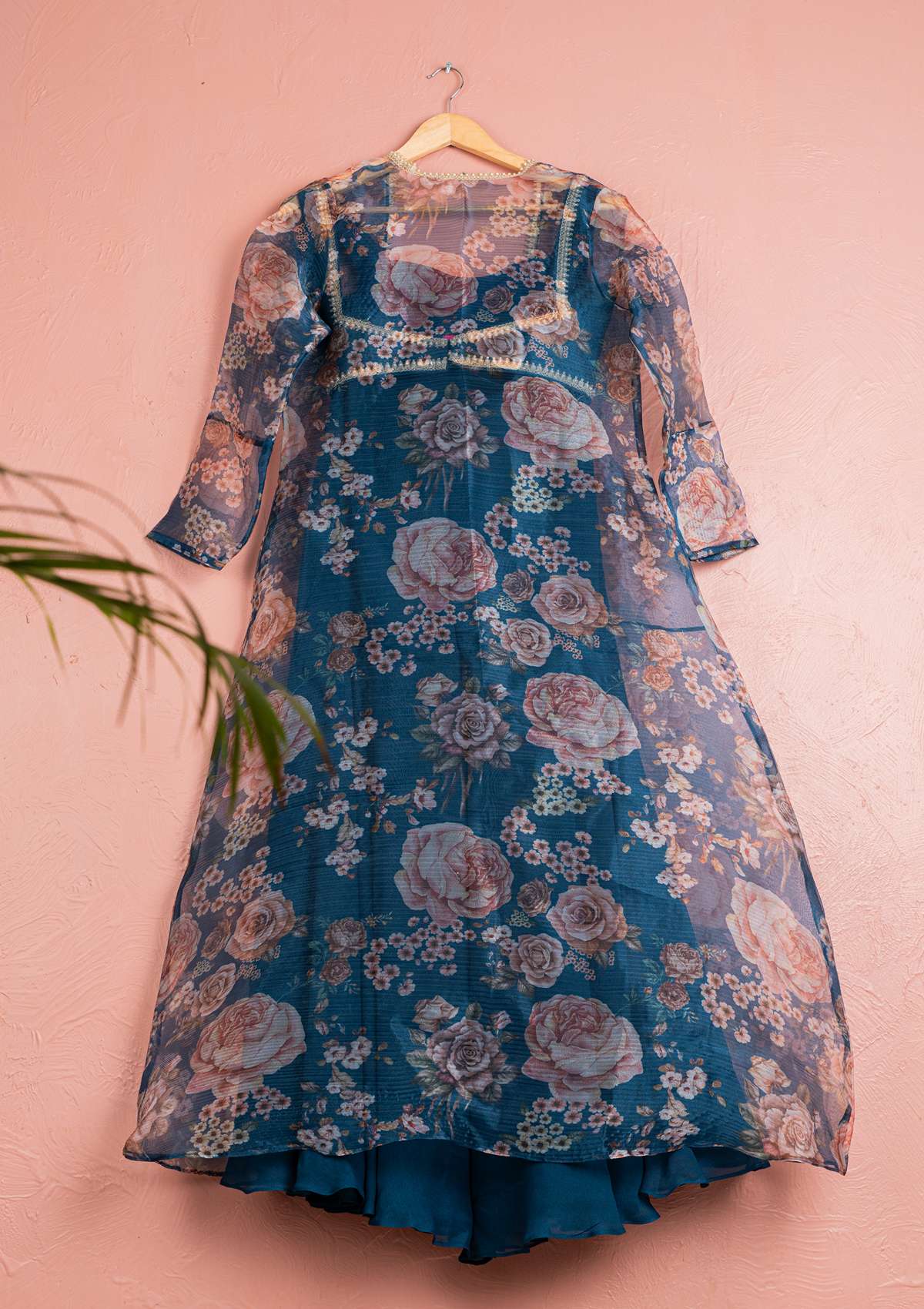 BAHAMA BLUE SHARARA WITH BLOUSE & FLORAL ORGANZA JACKET SET