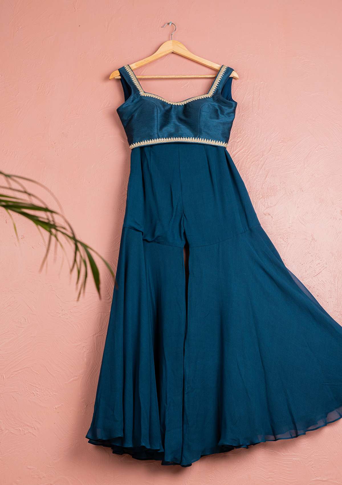 BAHAMA BLUE SHARARA WITH BLOUSE & FLORAL ORGANZA JACKET SET