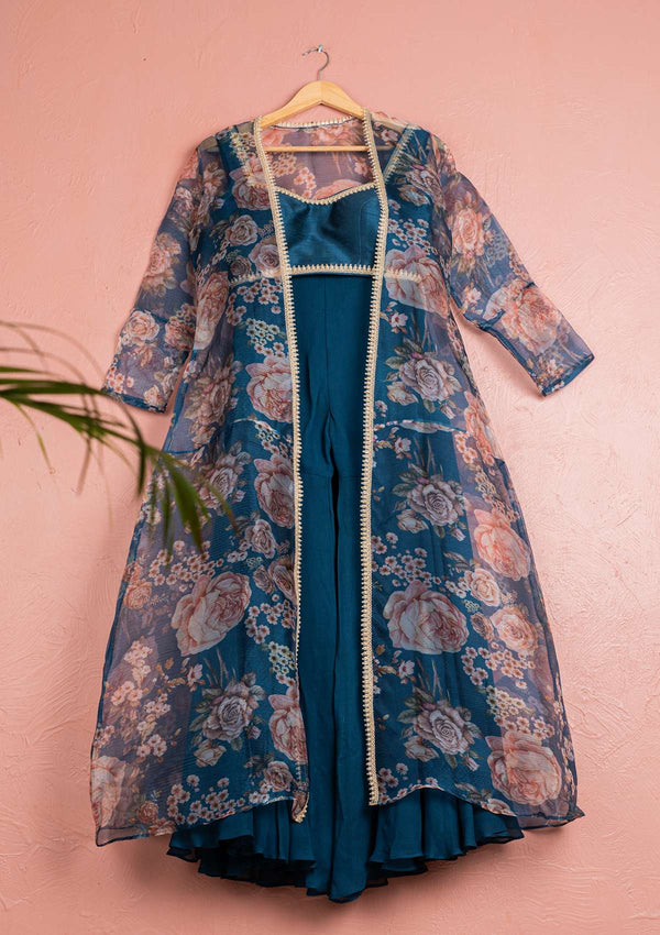 BAHAMA BLUE SHARARA WITH BLOUSE & FLORAL ORGANZA JACKET SET