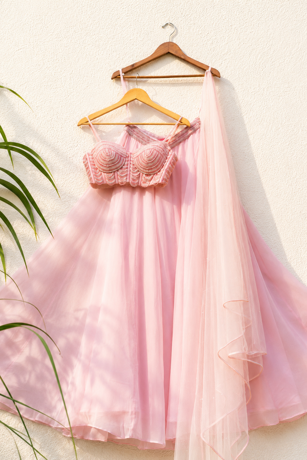 BABY PINK PEARL AND CUTDANA BLOUSE WITH GOERGETTE SHARARA