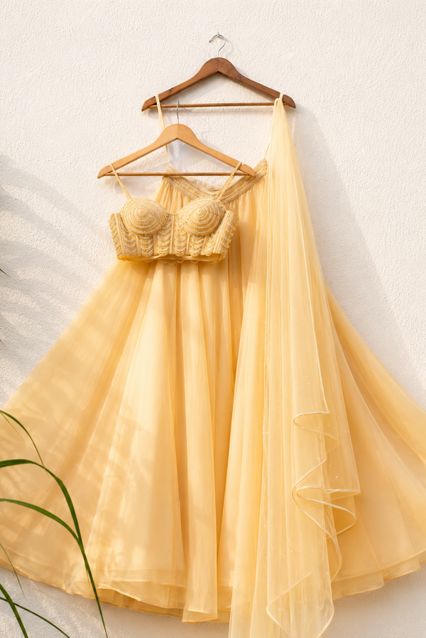 HONEY YELLOW PEARL AND CUTDANA BLOUSE WITH GOERGETTE SHARARA